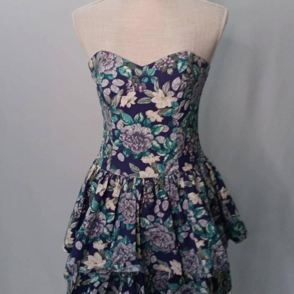 Laura Ashley Strapless Dress in Blue and Green Floral